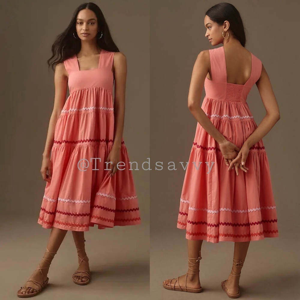 ANTHROPOLOGIE Helena Smocked Tiered Midi Dress 1X Coral Square Neck NWT